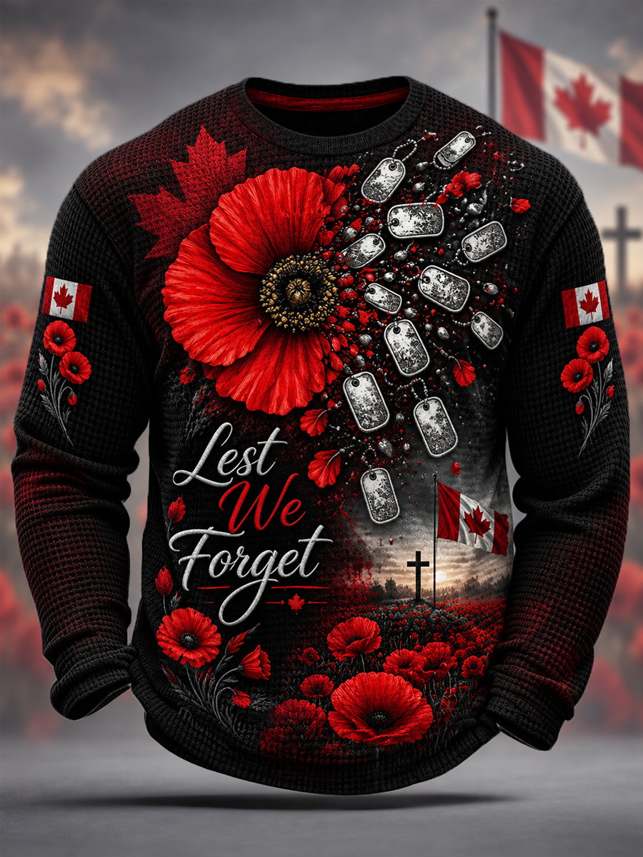 Men's Lest We Forget Canada Remembrance Day Poppy Print Waffle Long Sleeve T-Shirt